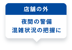 店舗の外　夜間の警備、混雑状況の把握に